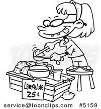 Cartoon Black and White Line Drawing of a Little Girl Making Lemonade by Toonaday