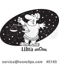 Cartoon Black and White Line Drawing of an Astrology Libra Guy over a Black Starry Oval by Toonaday