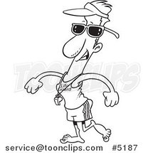 Cartoon Black and White Line Drawing of a Lifeguard Walking by Toonaday