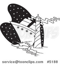 Cartoon Black and White Line Drawing of a Big Ship near a Light House by Toonaday