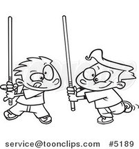 Cartoon Black and White Line Drawing of Boys Playing with Light Sabres by Toonaday