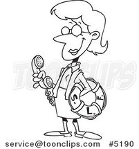 Cartoon Black and White Line Drawing of a Female Librarian Holding a Life Buoy by Toonaday