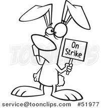 Cartoon Outlined Easter Bunny Holding an on Strike Sign by Toonaday