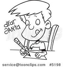 Cartoon Black and White Line Drawing of a Boy Writing a Dear Santa Letter by Toonaday
