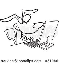Cartoon Outlined Happy Dog Typing at a Computer by Toonaday