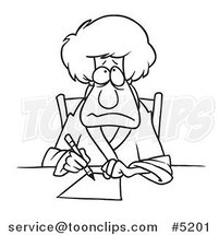 Cartoon Black and White Line Drawing of a Depressed Lady Writing a Letter by Toonaday