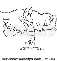 Cartoon Black and White Line Drawing of a Lobster Drinking Wine by Toonaday