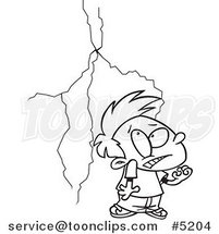 Cartoon Black and White Line Drawing of a Boy Afraid of Lightning by Toonaday