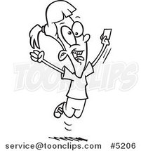 Cartoon Black and White Line Drawing of a Happy Girl Holding a License by Toonaday