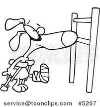 Cartoon Black and White Line Drawing of a Dog with a Broken Leg, Approaching a Hurdle by Toonaday