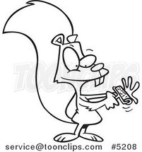 Cartoon Black and White Line Drawing of a Squirrel Using a Lint Brush by Toonaday