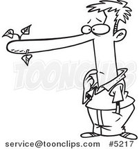 Cartoon Black and White Line Drawing of a Liar with a Long Nose by Toonaday