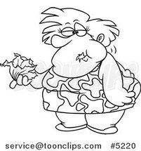 Cartoon Black and White Line Drawing of a Fat Lady Eating a Head of Lettuce by Toonaday