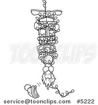 Cartoon Black and White Line Drawing of a Guy Hanging Upside down and Tangled in Christmas Lights by Toonaday