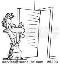 Cartoon Black and White Line Drawing of a Guy Standing at an Open Door with Bright Light by Toonaday