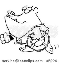 Cartoon Black and White Line Drawing of a Lifeguard Bear Carrying a Life Buoy by Toonaday