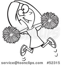 Cartoon Black and White Happy Cheerleader Jumping with Pom Poms by Toonaday