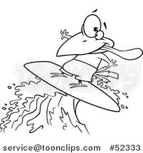 Cartoon Black and White Surfer Bird Riding a Wave by Toonaday