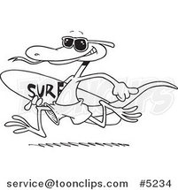 Cartoon Black and White Line Drawing of a Surfing Lizard by Toonaday