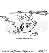 Cartoon Black and White Line Drawing of a Devil Running with a Trident by Toonaday