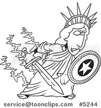 Cartoon Black and White Line Drawing of a Defensive Statue of Liberty Holding a Shield and Sword by Toonaday