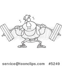 Cartoon Black and White Line Drawing of a Guy Lifting a Barbell by Toonaday