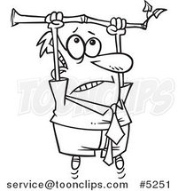 Cartoon Black and White Line Drawing of a Business Man Hanging from a Limb by Toonaday