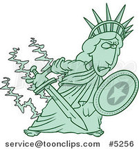 Cartoon Defensive Statue of Liberty Holding a Shield and Sword by Toonaday