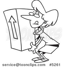 Cartoon Black and White Line Drawing of a Business Woman Lifting a Heavy Box by Toonaday