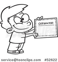 Cartoon Black and White Line Art of a Proud School Boy Holding a Certificate of Achievement by Toonaday