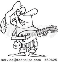 Cartoon Black and White Line Art of a Happy Minstrel Playing an Instrument by Toonaday