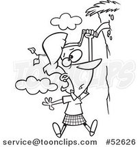 Cartoon Black and White Line Art of a Lady Hanging out on a Limb of a Cliff by Toonaday