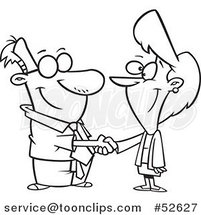 Cartoon Black and White Line Art of a Businessman and Lady Shaking Hands by Toonaday