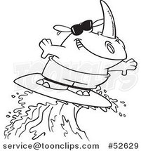 Cartoon Black and White Line Art of a Surfing Rhino Riding a Wave by Toonaday