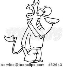 Cartoon Black and White Line Art of a Grinning Con Guy with Devil Horns and a Tail by Toonaday
