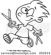 Cartoon Black and White Line Art of a Happy Boy Dangerously Running with Scissors by Toonaday