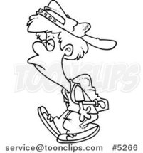 Cartoon Black and White Line Drawing of a Reluctant School Boy Walking by Toonaday