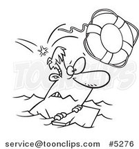 Cartoon Black and White Line Drawing of an Overboard Guy Floating on Wood by Toonaday