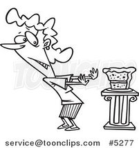 Cartoon Black and White Line Drawing of a Lady Resisting Cake by Toonaday