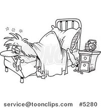 Cartoon Black and White Line Drawing of a Restless Lady Laying at the Foot of Her Bed by Toonaday