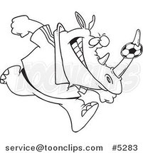 Cartoon Black and White Line Drawing of a Rhino with a Soccer Ball on His Horn by Toonaday