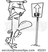 Cartoon Black and White Line Drawing of a Reversed Guy Upside Down, Facing an up Sign by Toonaday