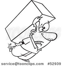 Cartoon Outlined Strained Guy Carrying a Heavy Big Box on His Back by Toonaday