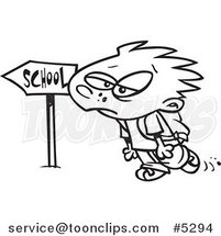 Cartoon Black and White Line Drawing of a Gloomy Boy Walking to School by Toonaday