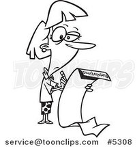 Cartoon Black and White Line Drawing of a Lady Writing a Long List of Resolutions by Toonaday