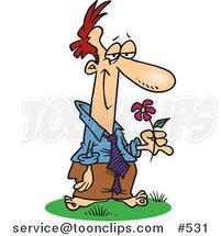 Cartoon Blissful Guy Standing Barefoot and Holding a Flower by Toonaday