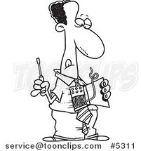 Cartoon Black and White Line Drawing of a Black Business Man Repairing His Wires by Toonaday