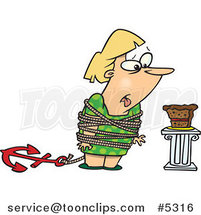 Cartoon Fat Lady Tied up Next to Cake by Toonaday