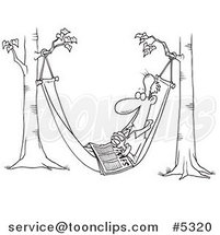 Cartoon Black and White Line Drawing of a Retired Guy Napping in a Hammock with a Newspaper by Toonaday