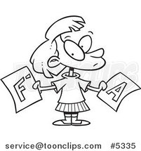 Cartoon Black and White Line Drawing of a School Girl Holding Good and Bad Report Cards by Toonaday